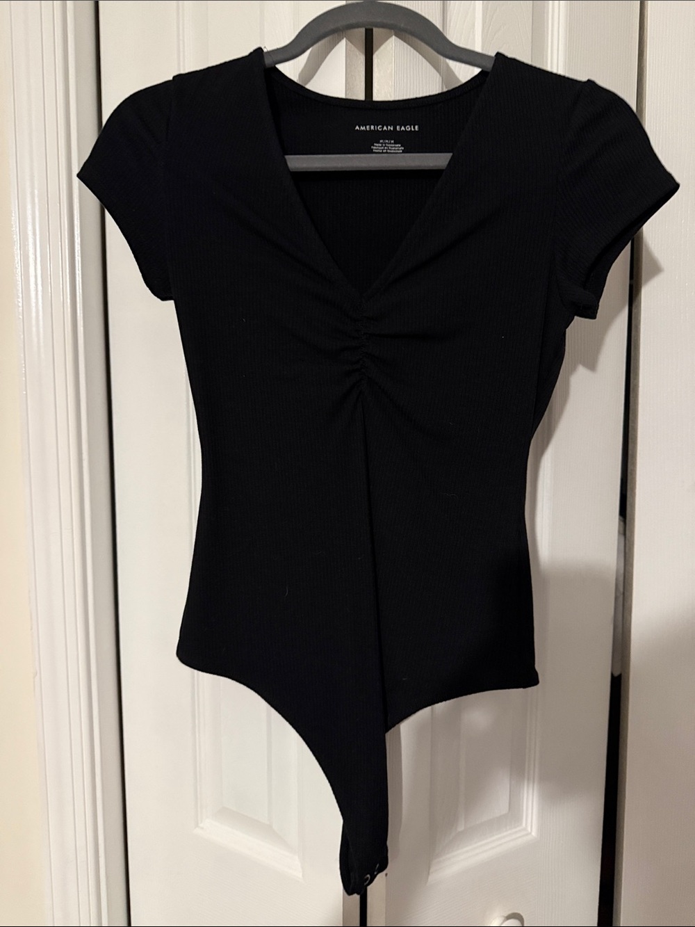American Eagle Outfitters Black Short-Sleeve V-Neck Ruched Bodysuit